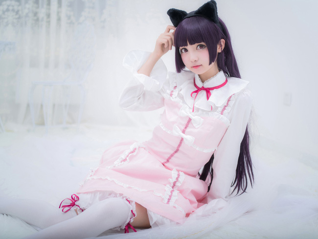 《我的妹妹哪有这么可爱》黑猫五更琉璃cos,粉色lolita