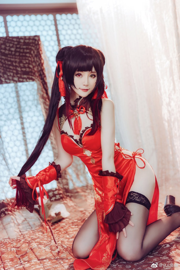 约会大作战时崎狂三cos (时崎狂三桃花旗袍cosplay)