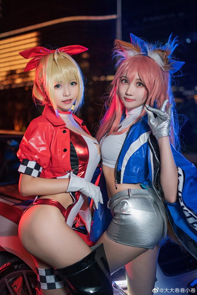 Fate/EXTELLA赛车娘尼禄玉藻前cos(fgo尼禄玉藻前双人赛车娘cosplay)