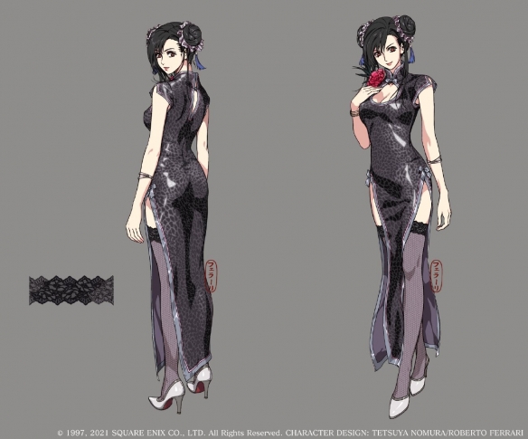 《最终幻想7：重制版》官推公开了蒂法(格斗家风格礼服)的设定图