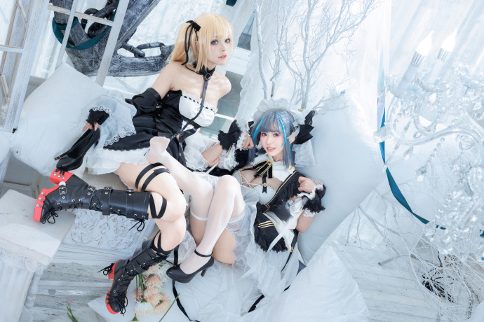 碧蓝航线玛莉萝丝与柴郡白丝如雪糕cosplay